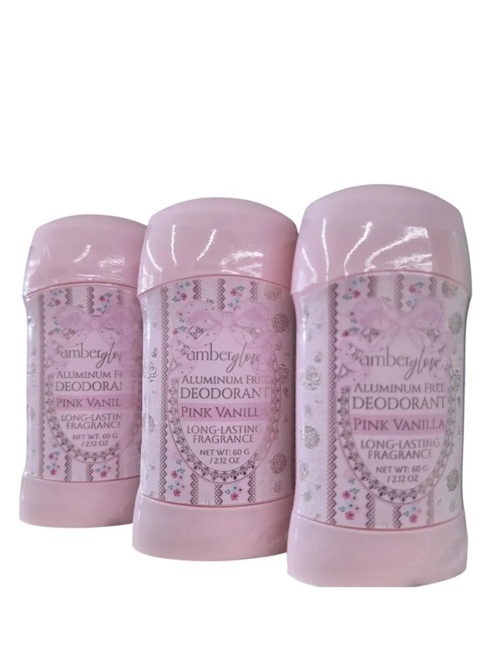 Amberglow Aluminum-Free Deodorant Pink Vanilla 60g Long Lasting Fragrance set 3